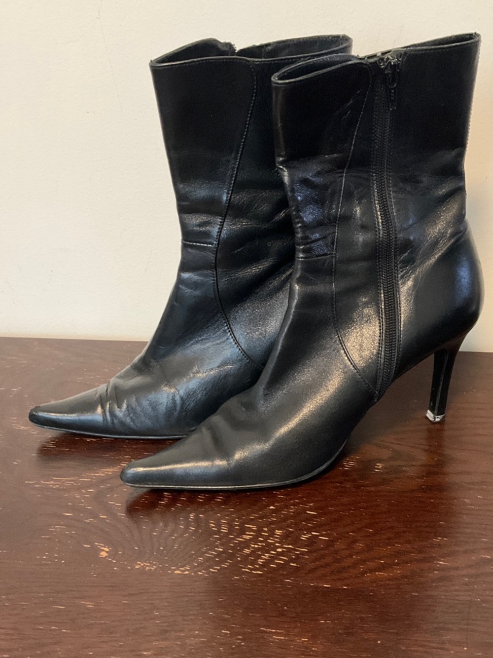 Jones Bootmaker - Black Leather Pointed-Toe Stiletto Mid-Calf Boots